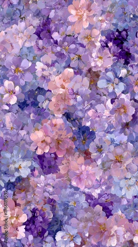 ラベンダーとピンクの淡い色彩が混ざり合う、花びらの舞う水彩画風の布地素材