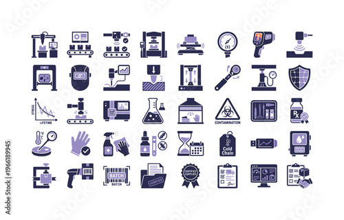 Industrial quality control and manufacturing process verification icons