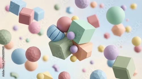 Colorful geometric shapes float in mid-air against a soft gradient background creating a visually striking and dynamic scene with pastel cubes and spheres.