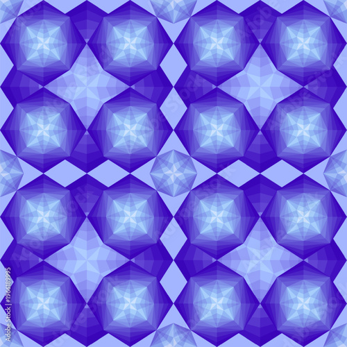 Seamless pattern of blue crystals, diamonds, and sparkling stones on a light blue background. Vector illustration.