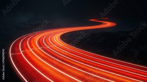 A winding road illuminated by vibrant red and orange streaks of light from passing vehicles at night creating a dynamic and mesmerizing scene.