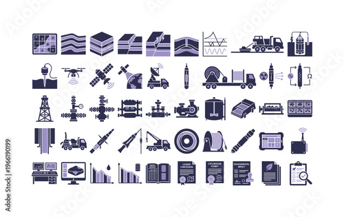Oil and gas exploration industry icons depicting geological surveys and equipment