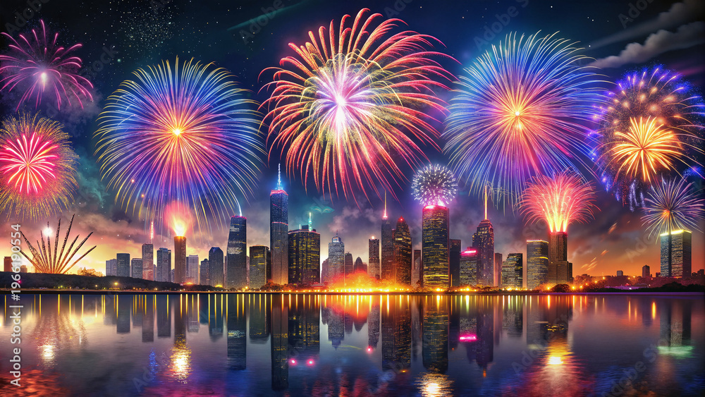 Fototapeta premium Colorful fireworks display over modern city skyline at night 