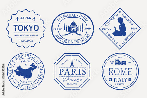 Vintage travel-themed passport stamps vector set