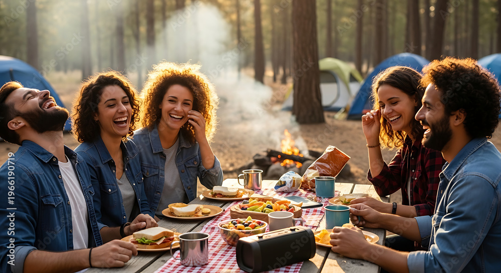 Obraz premium A group of friends enjoying a meal together at a campsite in the woods