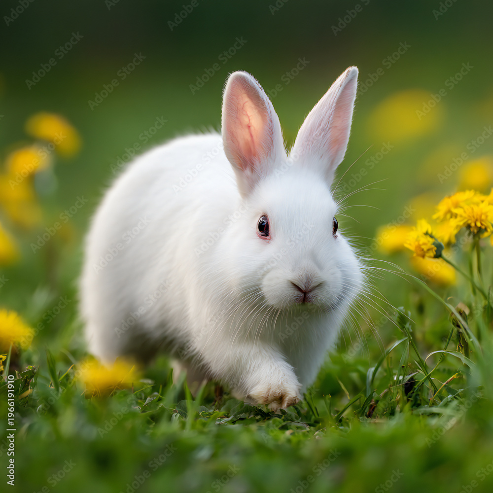 Fototapeta premium Fluffy white rabbit hopping in vibrant green spring meadow with soft bokeh