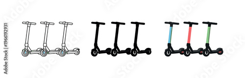 Collection of electric scooters in different styles and colors for urban mobility