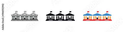 Row of classical buildings with columns and flags, presented in three styles