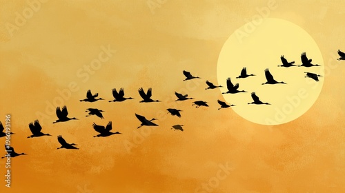 Expanding Horizon Flock of Cranes Flying Toward Sunset Business Growth and Career Development