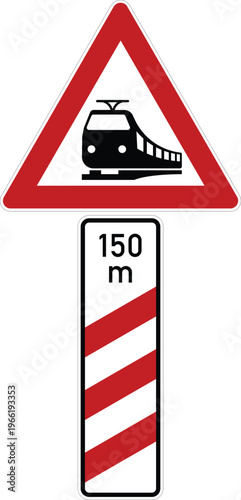 Railway Crossing Sign With Distance Marker 150M Road Sign Icon No Background