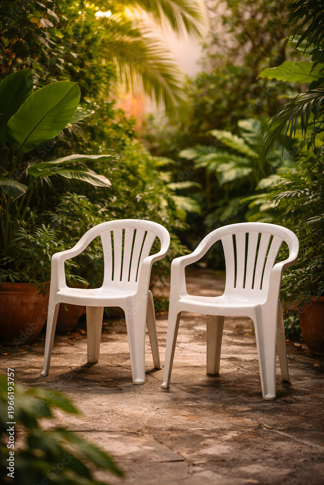 Obraz premium Empty White Plastic Chairs in a Garden