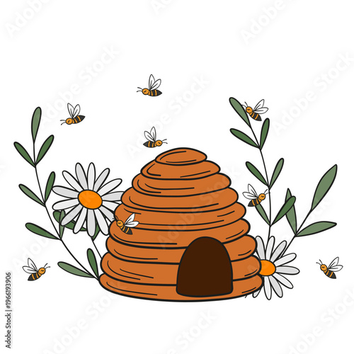 Hand-drawn illustration of a beehive with bees. Detailed composition featuring a hive, flying bees, and beekeeping elements, representing nature