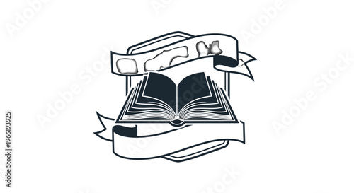 An illustration of an open book with ribbons.