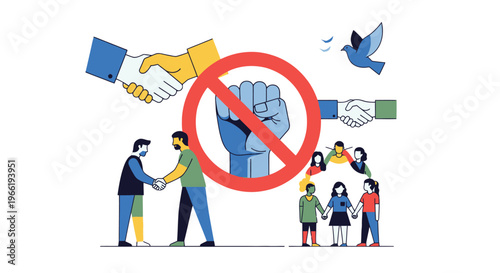 Diverse group refusing handshake with protest.