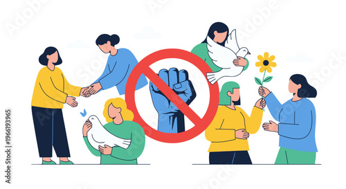 Diverse people rejecting violence and promoting peace with flowers and animals.