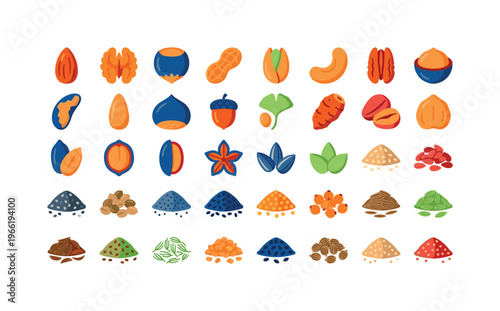 Collection of diverse nuts and seeds in a colorful, flat icon grid design