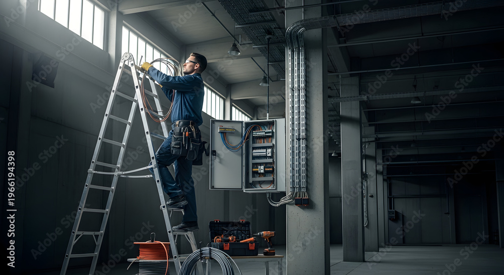 Naklejka premium Electrician Installing Industrial Wiring System