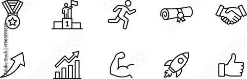 A collection of black line icons representing success and achievement in business and sports
