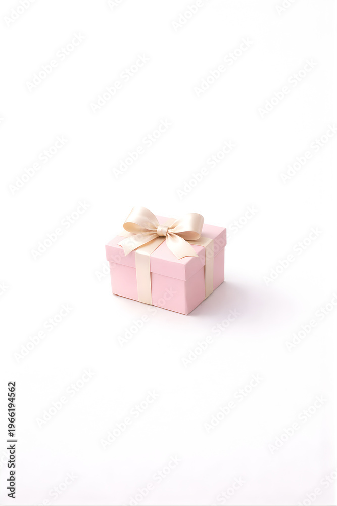 Fototapeta premium Minimalist pink gift box with satin ribbon on white