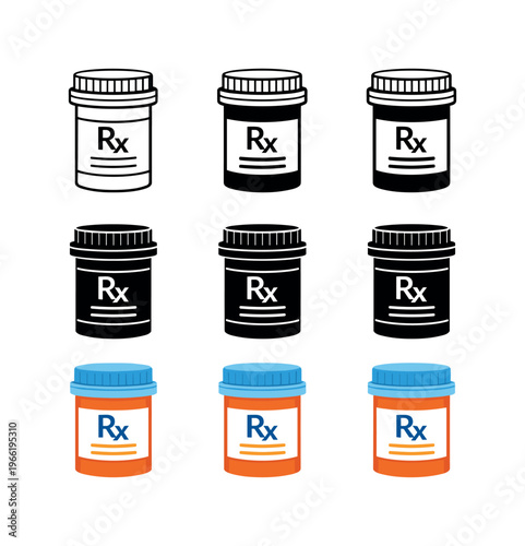 Collection of prescription pill bottle icons in various styles and colors