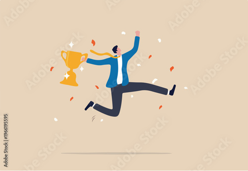 Celebrate work achievement, success or victory, winning prize or trophy, challenge or succeed in business competition concept, happy businessman holding winning trophy jumping high