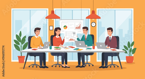 Colleagues engage in a collaborative business meeting around a white table in a bright, modern office space featuring large windows and city views.