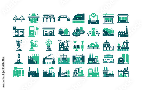 Collection of modern infrastructure and industrial building icons in teal and green