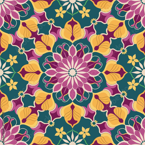 vector illustration hires Collection of High-Resolution Abstract Seamless ornament Patterns with Diverse Designs and Textures Mediterranean Tile Pattern with Colorful Floral Mandalas and Geometric