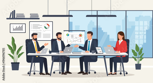 Professional men and women collaborate on data-driven strategies during a formal business meeting in a modern office environment.