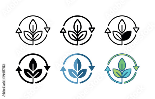 Set of six circular arrows with plant icons representing sustainability and growth