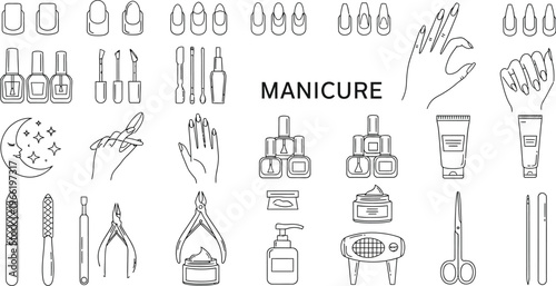 A collection of black and white line art icons represents various tools and concepts related to professional manicure and nail care services.