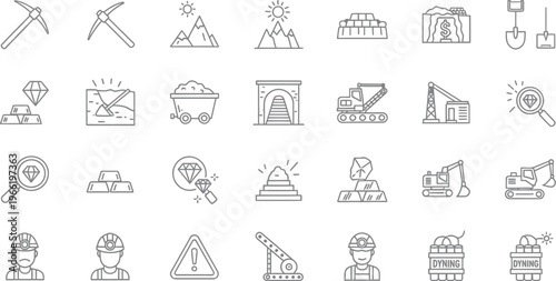 A set of thin line icons depicts various elements related to mining operations including tools, trucks, gold bars, and geological features.