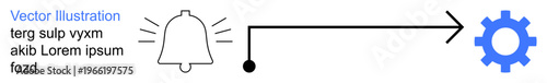 Notifications, automation, workflow management, operational efficiency, alerts, process design. A bell linked to a gear via an arrow and line. Notifications and automation concept
