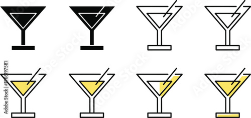 A set of eight martini glass icons displays variations in color fill and stylistic outlines for graphic design use.