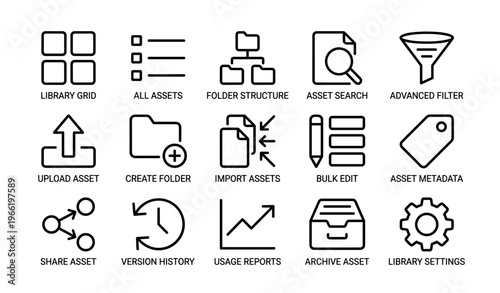 Asset management icons: library, folder structure, filter, metadata, settings