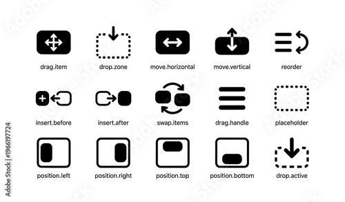 Set of 16 icons for drag and drop interface in black and white