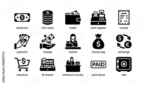 Finance icons: money, payment, cashier, receipt, safe, wallet, exchange