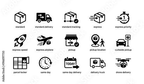 Delivery icons: standard, express, pickup, parcel locker, drone options