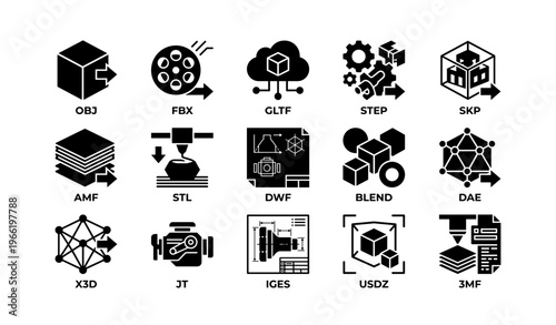 Icons of 3d file formats including obj fbx gltf step skp for design