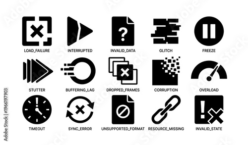 Icon set representing various digital errors including glitch and buffering