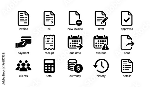 Finance icons: invoice, bill, payment, calendar, currency, calculator, clock