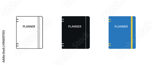 Three different planner icons in outline, solid black, and blue with yellow accents