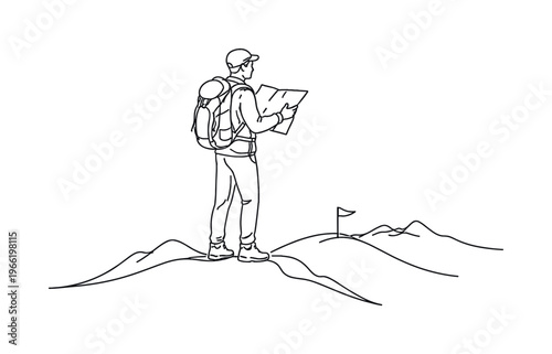Person standing on a hilltop reading a folded map, small compass in hand, distant mountain line and a single flag marker,