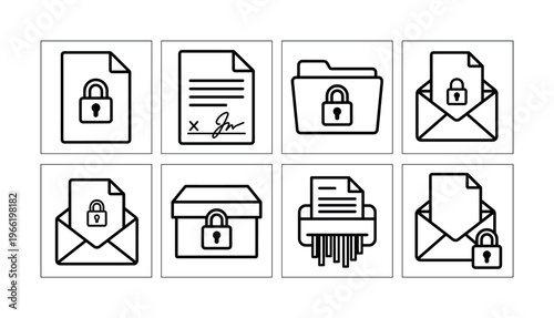 A collection of minimal line icons for data security and document protection concepts. Includes lock, folder, secure email, and shredder symbols for web and app UI design.