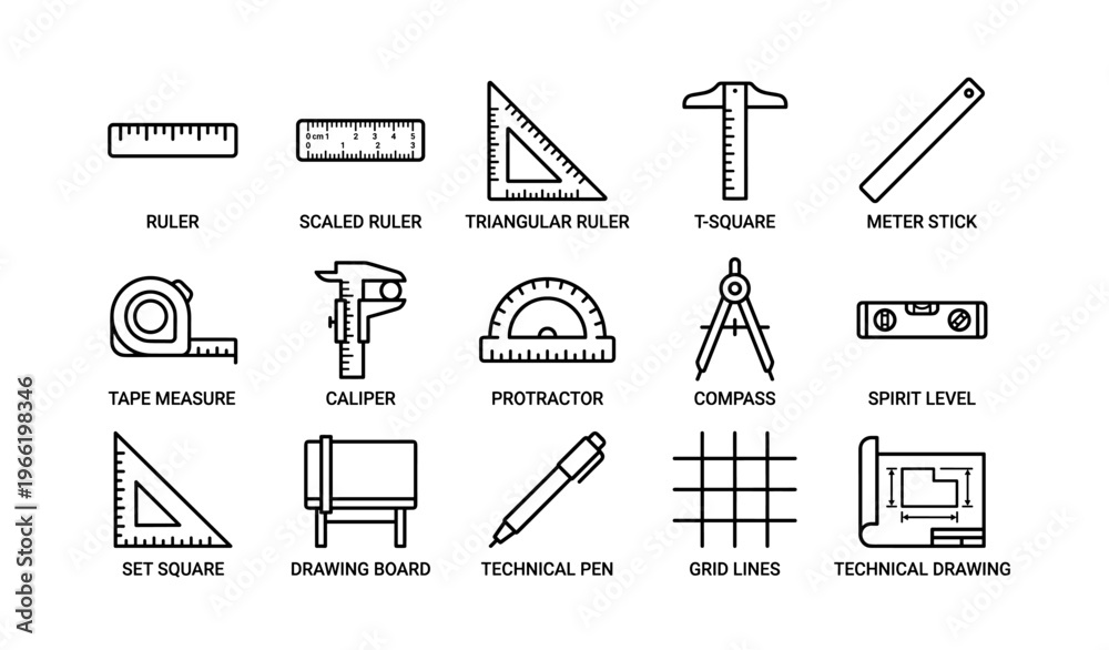 Fototapeta premium Technical drawing tools: rulers, t-square, caliper, compass, protractor, spirit level