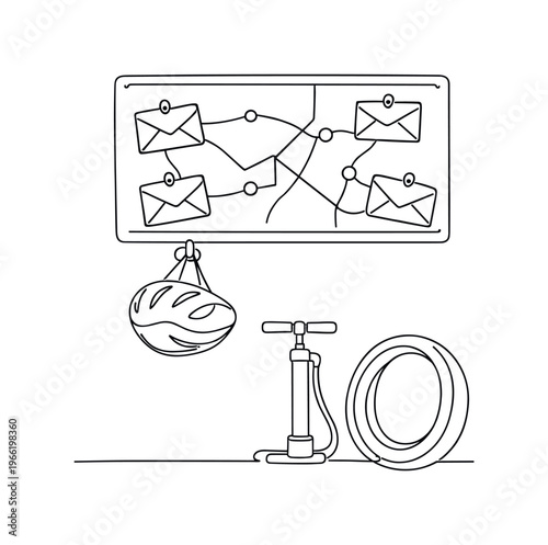 Urban dispatch scene with a wall-mounted order board showing pinned envelopes and route lines, helmet hanging on a hook below,