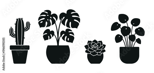 A modern set of four houseplant vector icons in black silhouette. Includes cactus, monstera, and succulent. Perfect for minimalist logos, web design, and botanical decor themes.