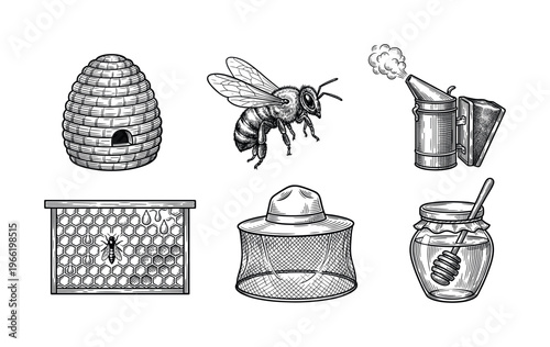 A set of vintage beekeeping illustrations. Includes beehive, honeybee, honeycomb, and apiary equipment. Hand-drawn engraving style for organic food packaging or branding.