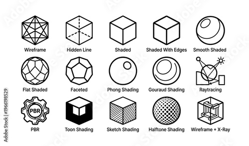 Various 3d shading techniques and styles in visual design