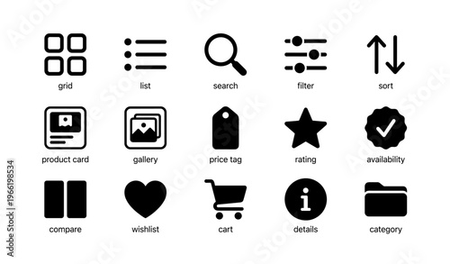 E-commerce user interface icons: grid, list, search, and filter functions